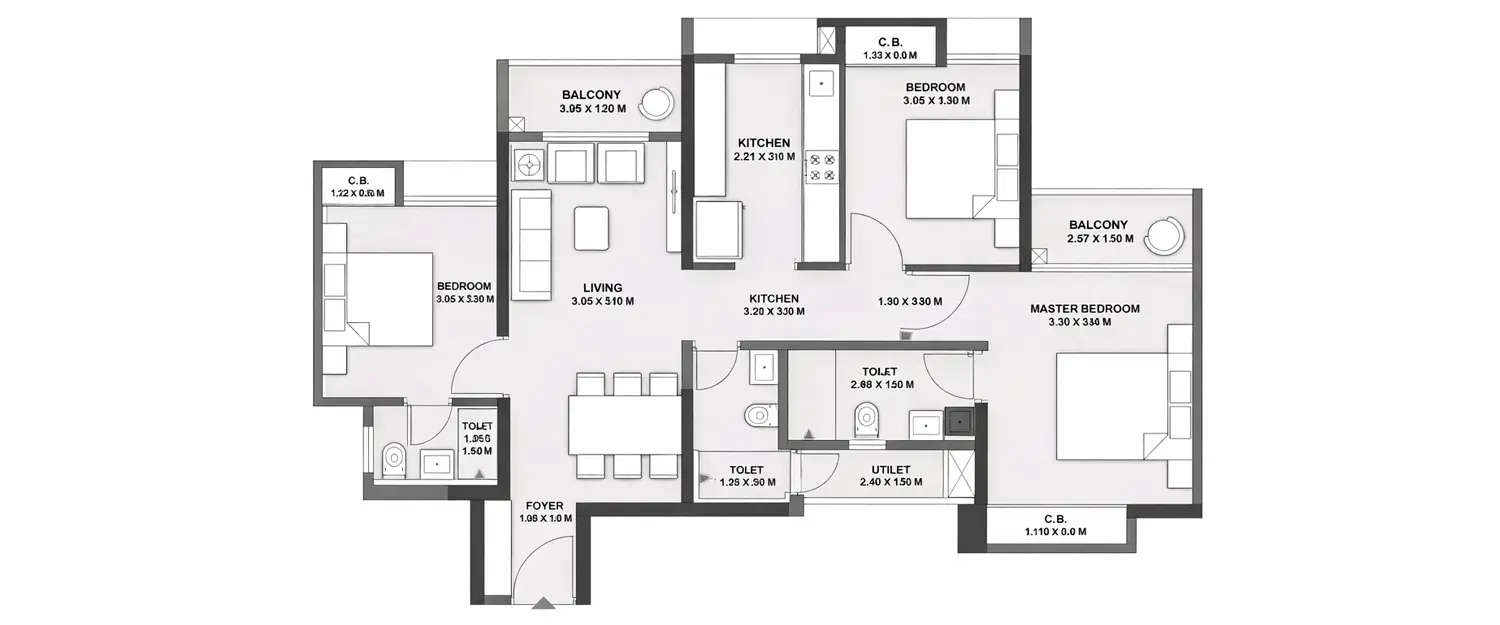 Floor plan for 3 BHK