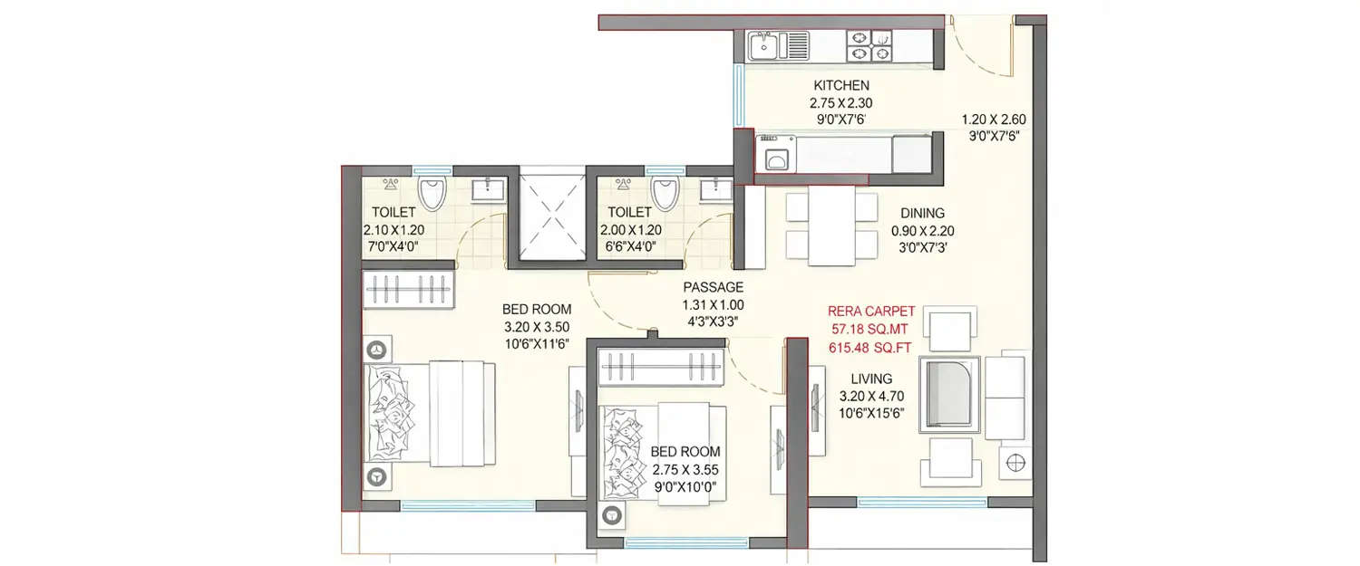 Floor plan for 3 BHK