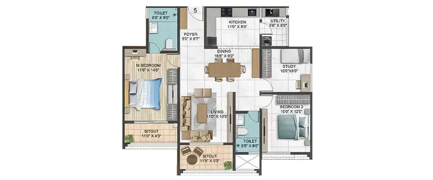 Floor plan for 3 BHK