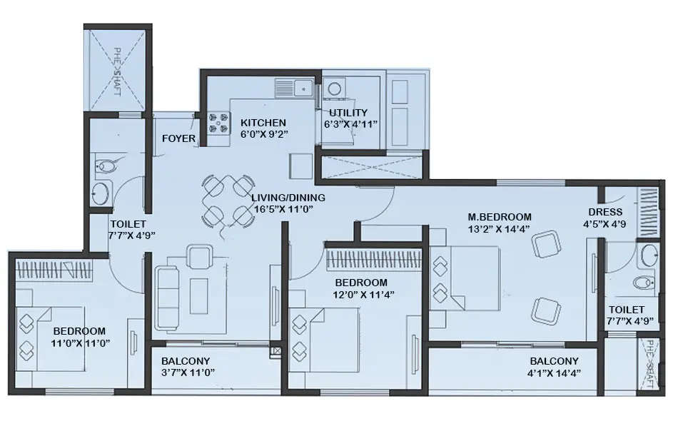 Floor plan for 3 BHK