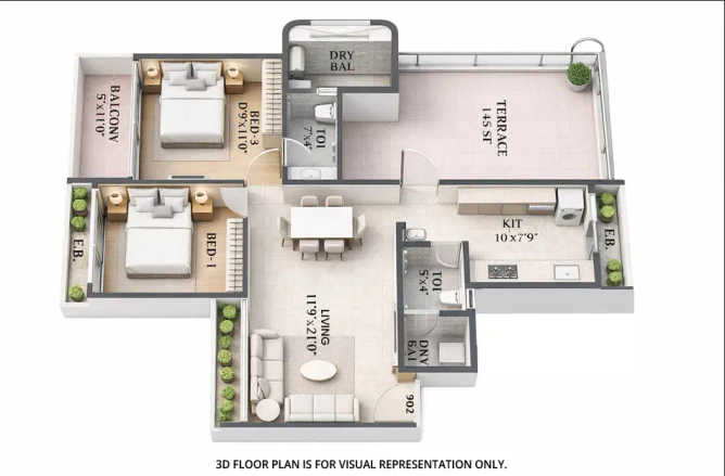 Tricity Palacio Seawoods - Floor plan 2 BHK 576 Sq.ft