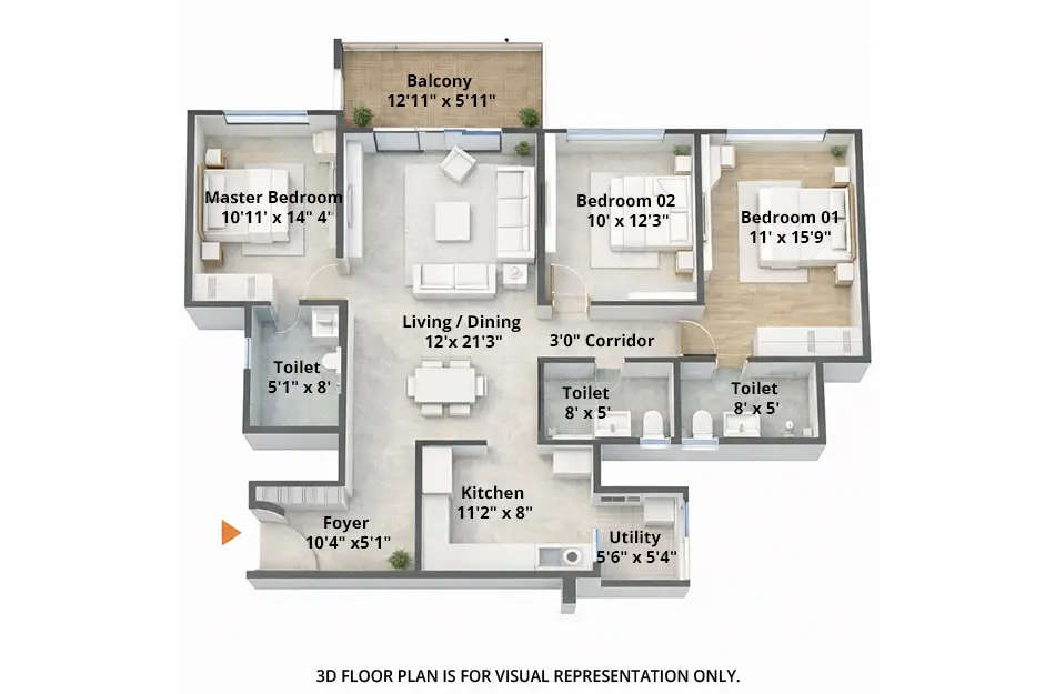 Floor plan for 3 BHK