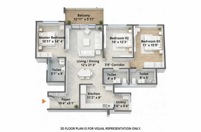 Bramhacorp Sun Valley Bavdhan - Floor plan 3 BHK 1180 Sq.ft