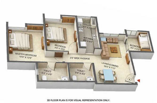 Lodha Casa Marvella Dombivali - Floor plan 3 BHK 871 Sq.ft