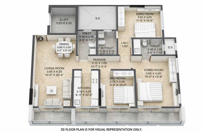 Paranjape Athena Bandra - Floor plan 3 BHK 854 Sq.ft