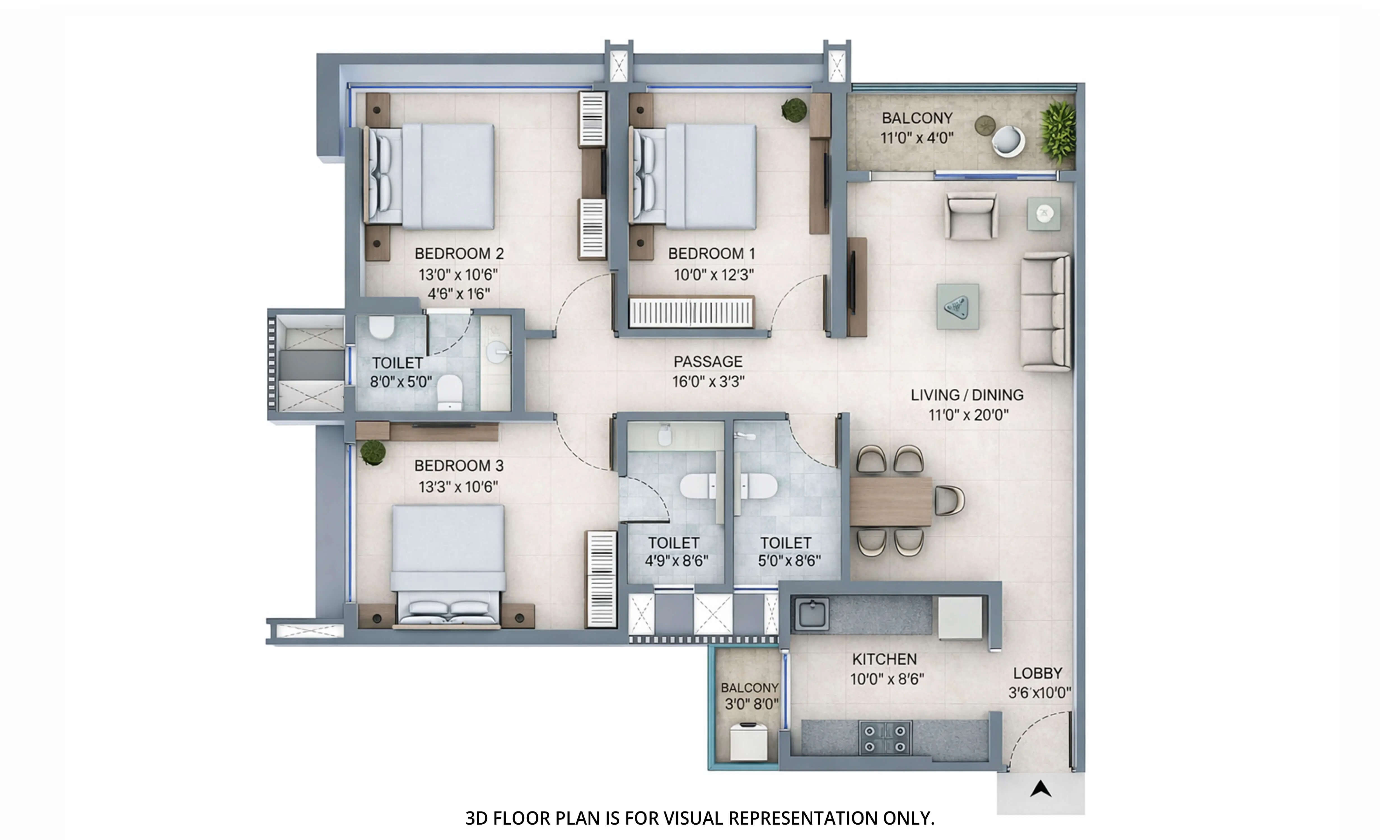 Floor plan for 3 BHK