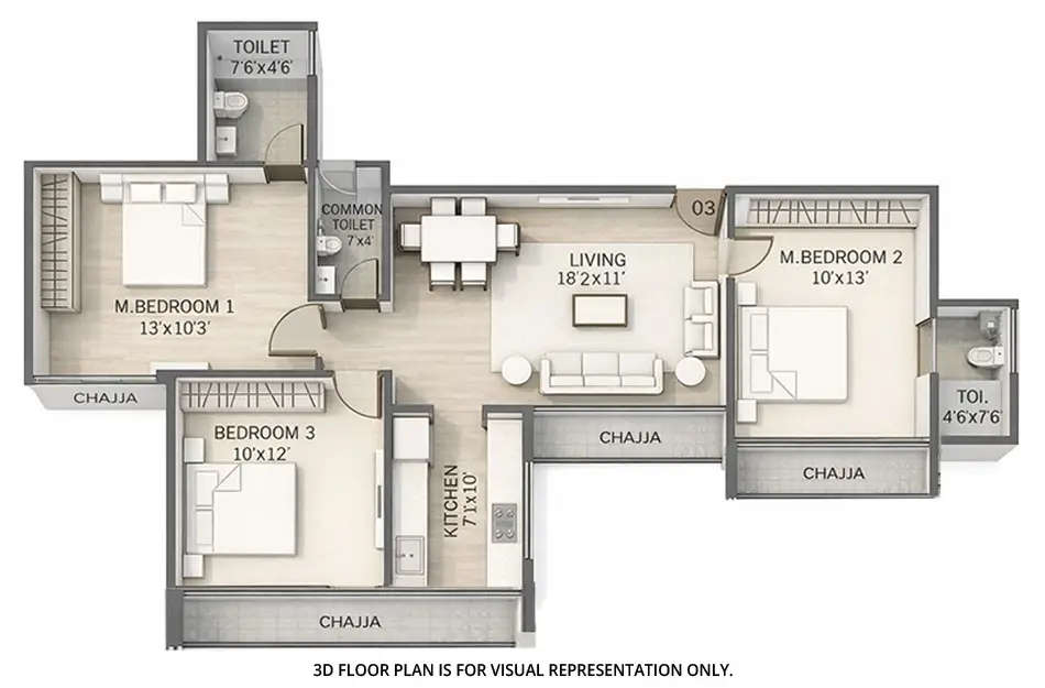 Floor plan for 3 BHK