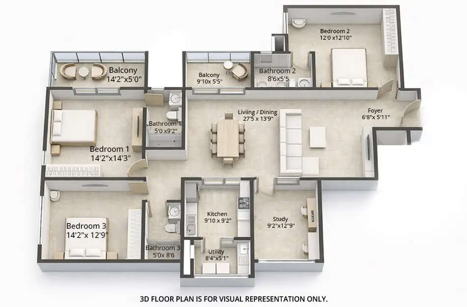 Floor plan for 3 BHK