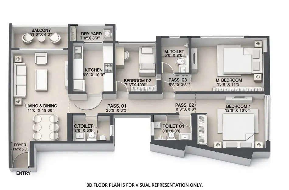 Floor plan for 3 BHK