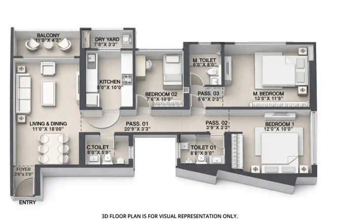 Sheth Edmont Kandivali - Floor plan 3 BHK 1007 Sq.ft