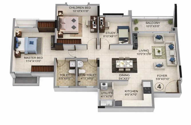 Salarpuria Sattva Anugraha Vijayanagar - Floor plan 3 BHK 1186 Sq.ft