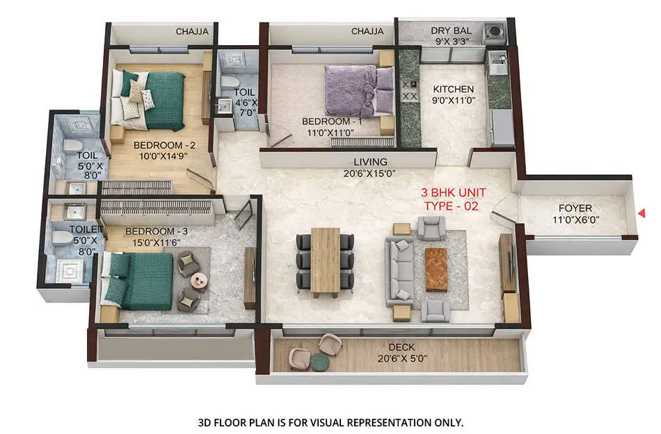 Floor plan for 3 BHK