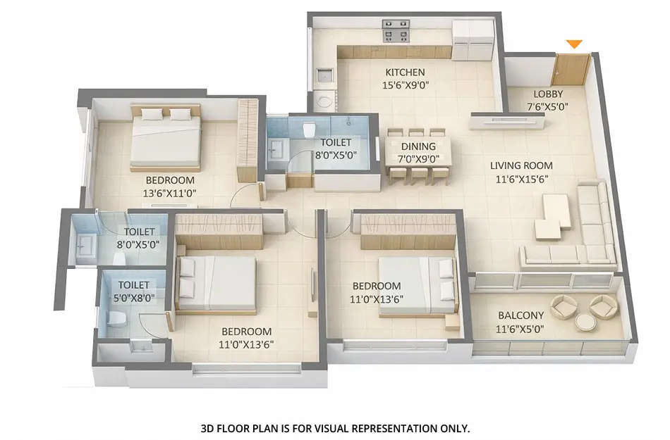 Floor plan for 3 BHK