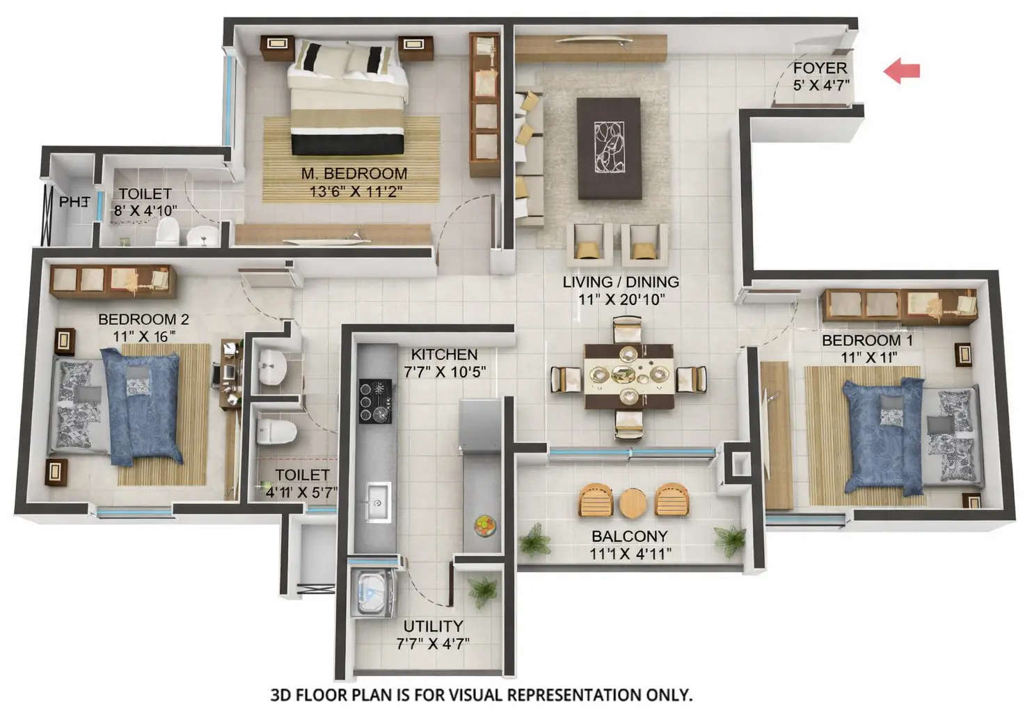 Floor plan for 3 BHK