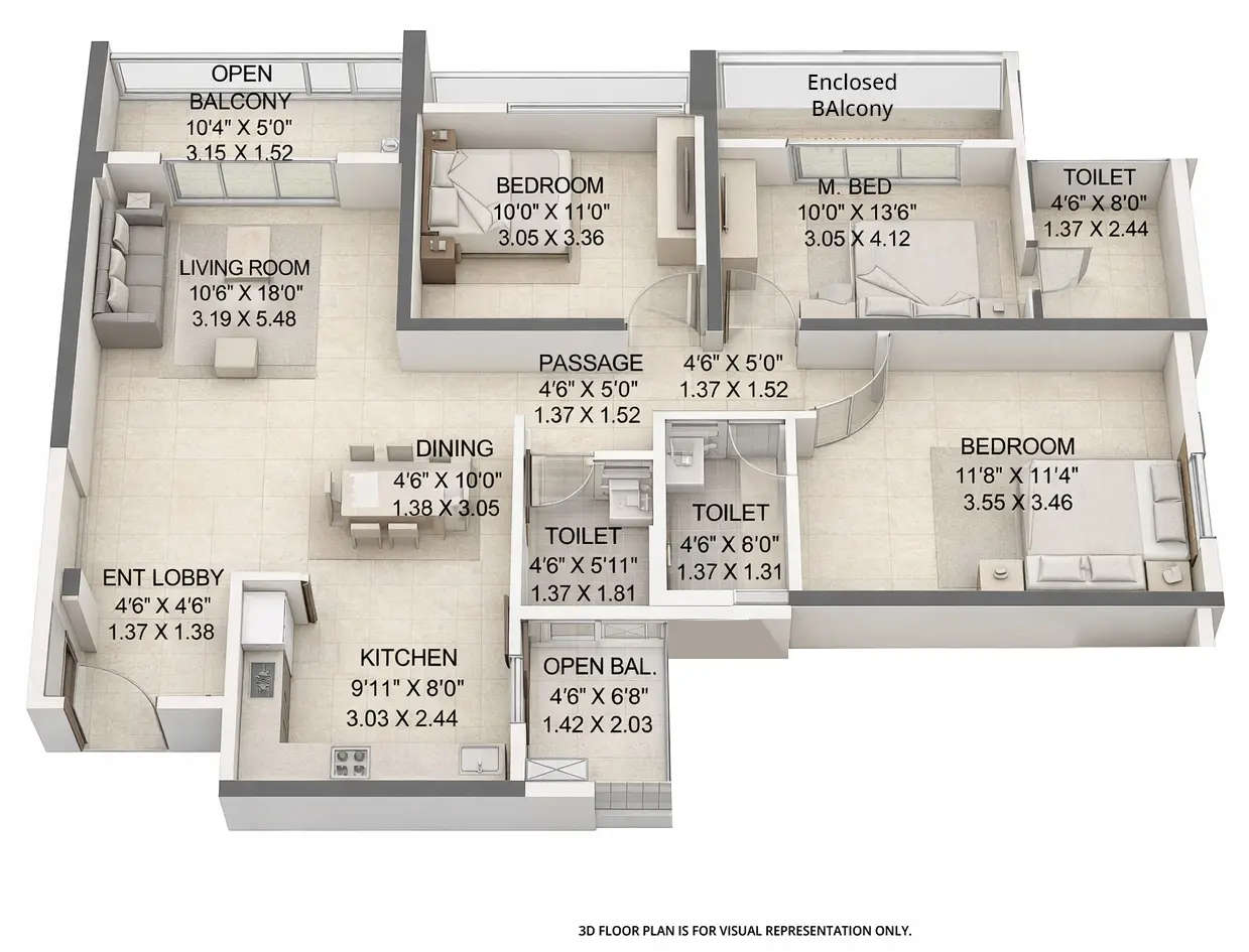 Floor plan for 3 BHK