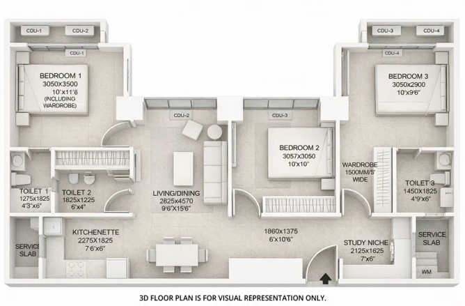 Prescon Midtown Bay Mahim - Floor plan 3 BHK 1140 Sq.ft