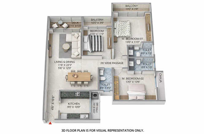 Sai World One Nerul - Floor plan 3 BHK 1290 Sq.ft