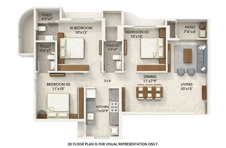 Floor plan for 3 BHK
