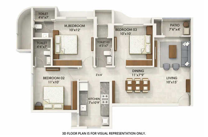 Ashar Merac Wagle Estate - Floor plan 3 BHK 830 Sq.ft
