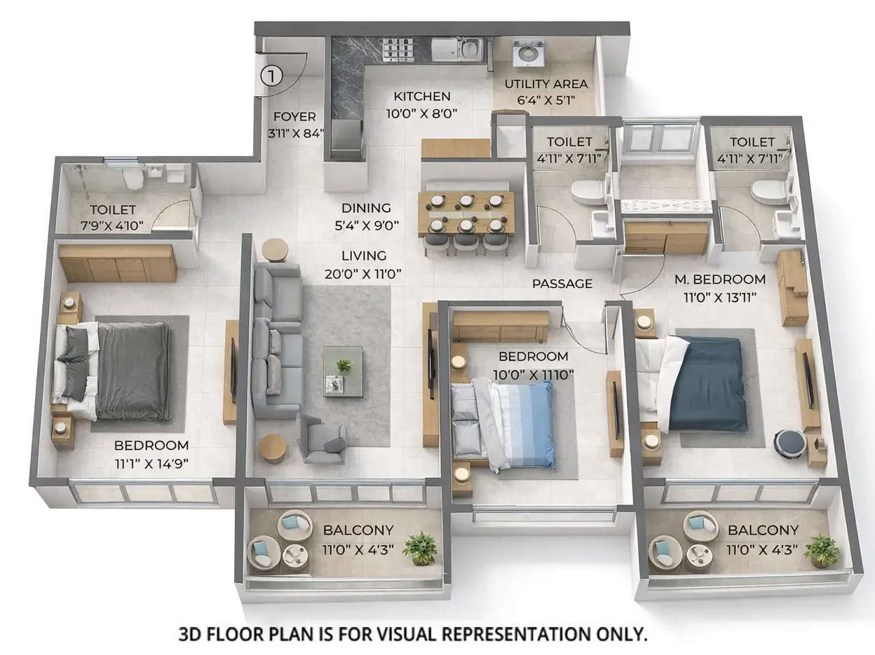Floor plan for 3 BHK