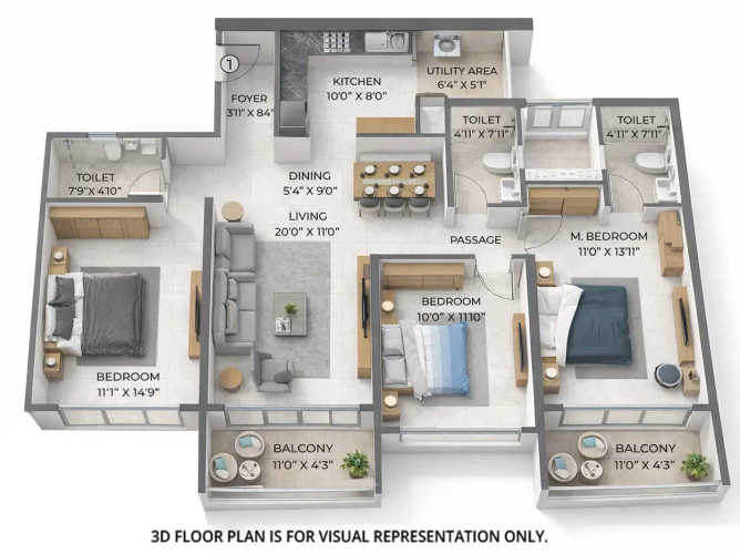 Purva Atmosphere Mundhwa - Floor plan 3 BHK 1178 Sq.ft
