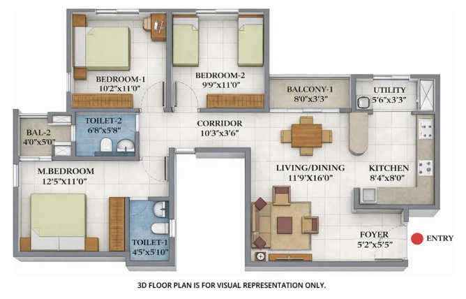 Shriram Divine City Mangadu - Floor plan 3 BHK 1157 Sq.ft