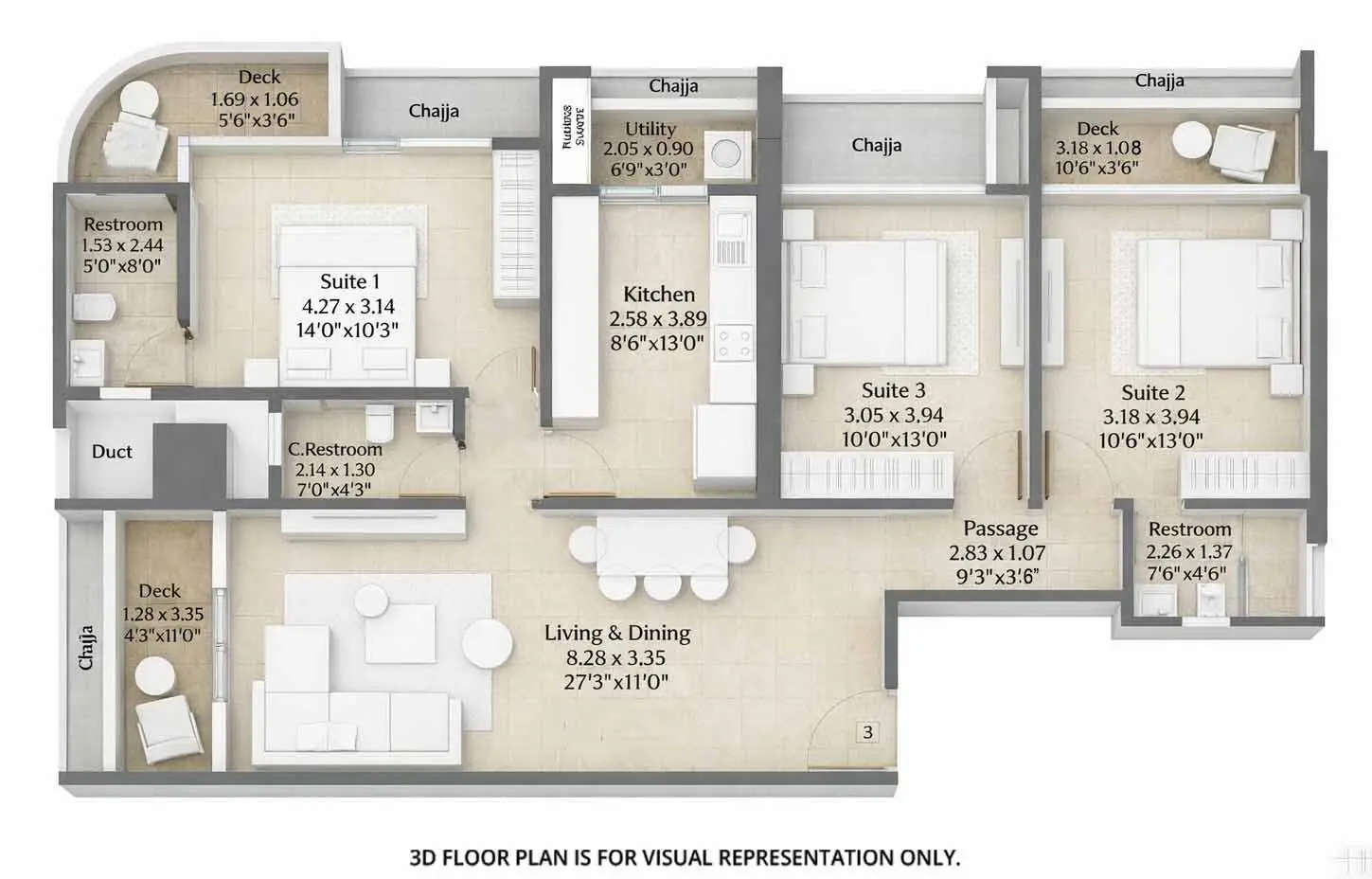 Floor plan for 3 BHK