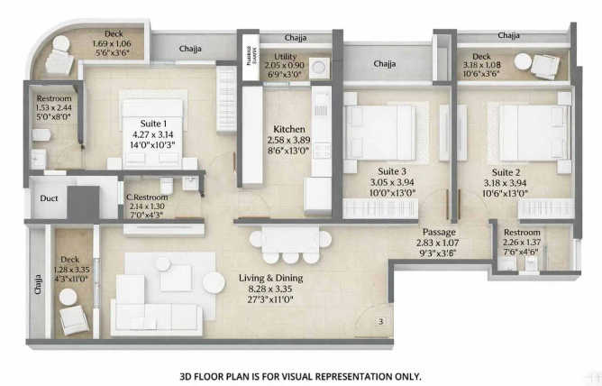 Gurukrupa The Marque Bandra - Floor plan 3 BHK 1184 Sq.ft