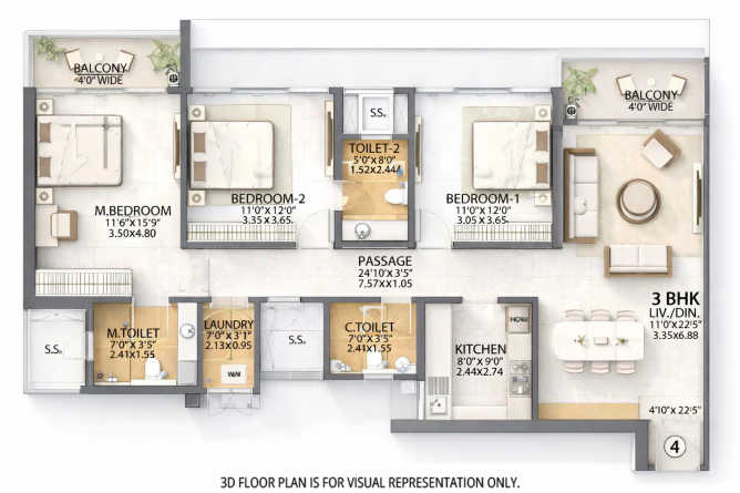 Sheth Beaumonte Sion - Floor plan 3 BHK 1196 Sq.ft