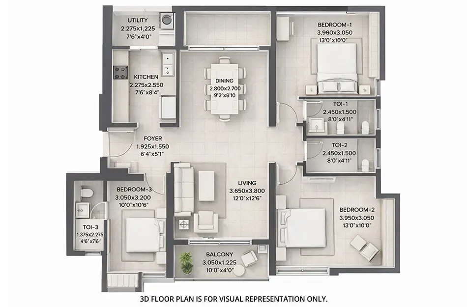 Floor plan for 3 BHK