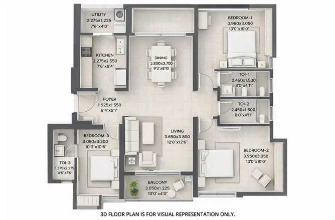 K Raheja Jade City Juinagar - Floor plan 3 BHK 1020 Sq.ft