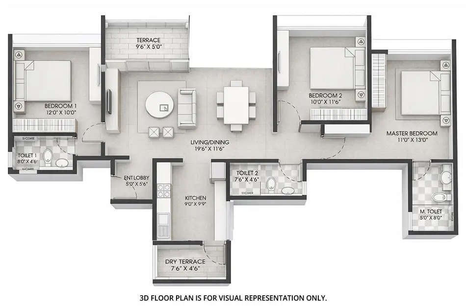Floor plan for 3 BHK