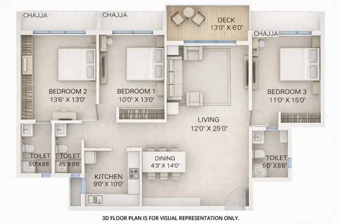 Delta Palm Beach Seawoods - Floor plan 3 BHK 1130 Sq.ft