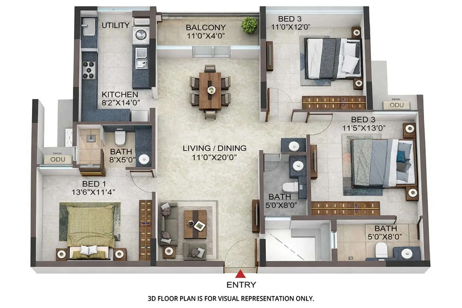 Floor plan for 3 BHK