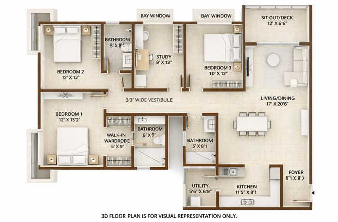 Bhartiya City Nikoo Garden Estate Devanahalli - Floor plan 3.5 BHK 2045 Sq.ft