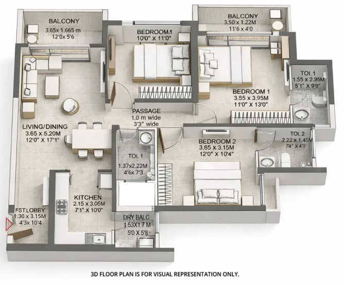 Godrej Aqua Hinjewadi - Floor plan 3 BHK 1082 Sq.ft