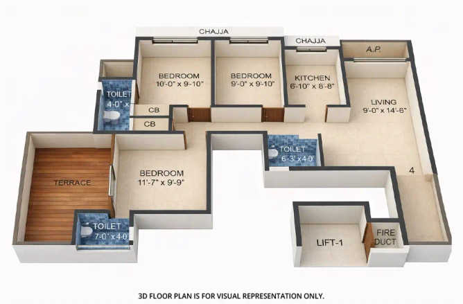 Tharwani Vedant Millenia Titwala - Floor plan 3 BHK 730 Sq.ft