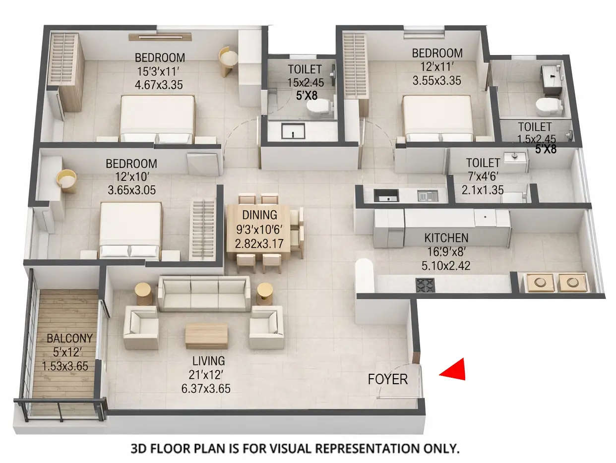 Floor plan for 3 BHK