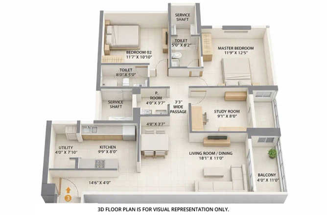 Adani LIT Teen Hath Naka - Floor plan 3 BHK 981 Sq.ft