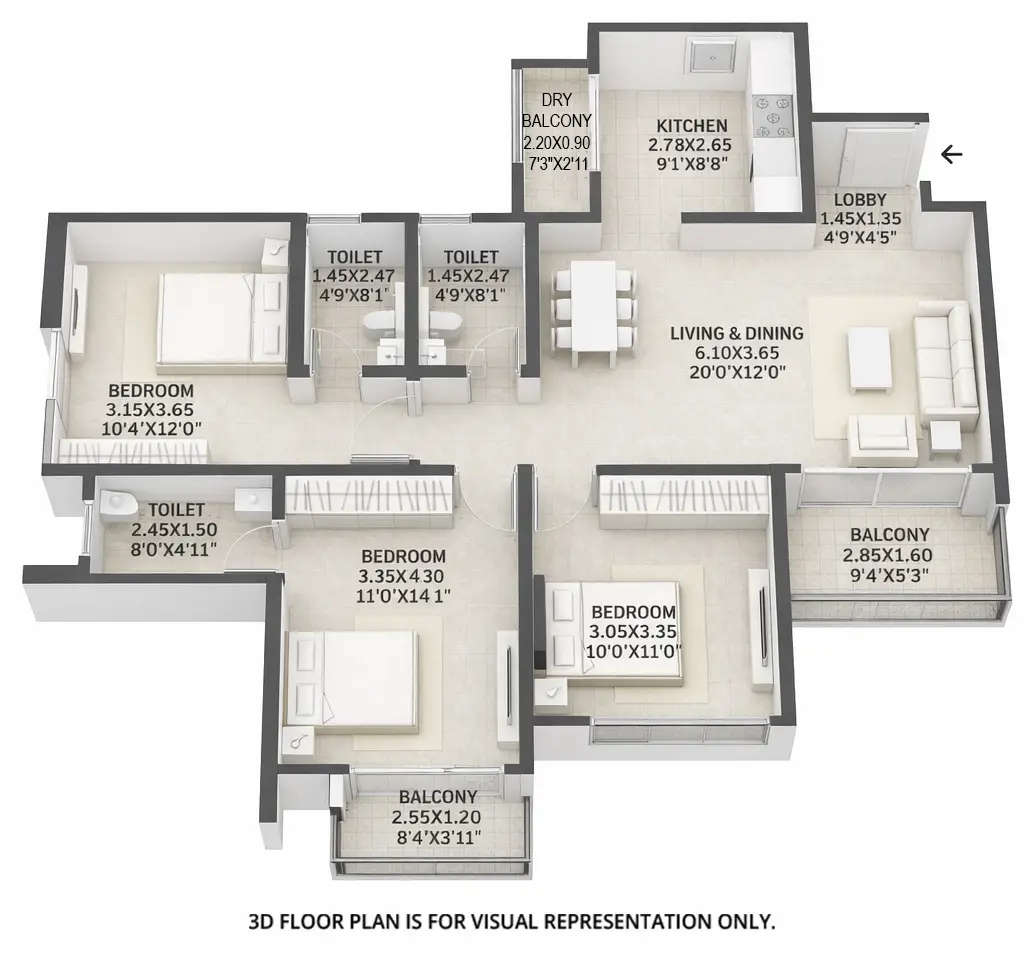 Floor plan for 3 BHK