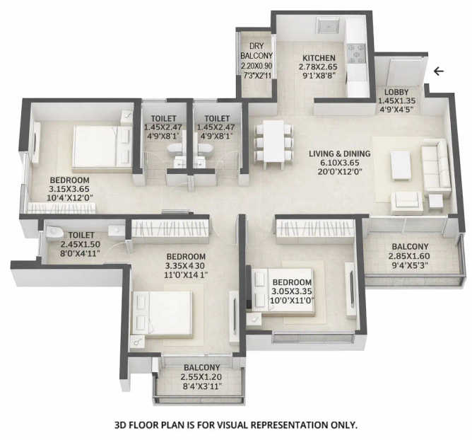 VTP Flamante Kharadi - Floor plan 3 BHK 1062 Sq.ft