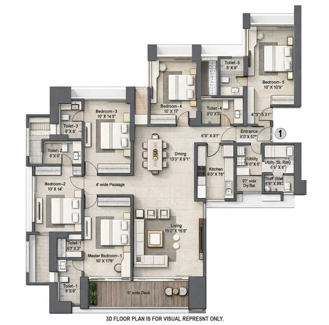 Raheja The Riviere Lower Parel - Floor plan 5 BHK 2076 Sq.ft