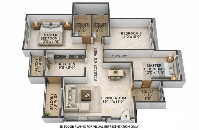 Tharwani Vedant Palacia Kalyan - Floor plan 3 BHK 833 Sq.ft