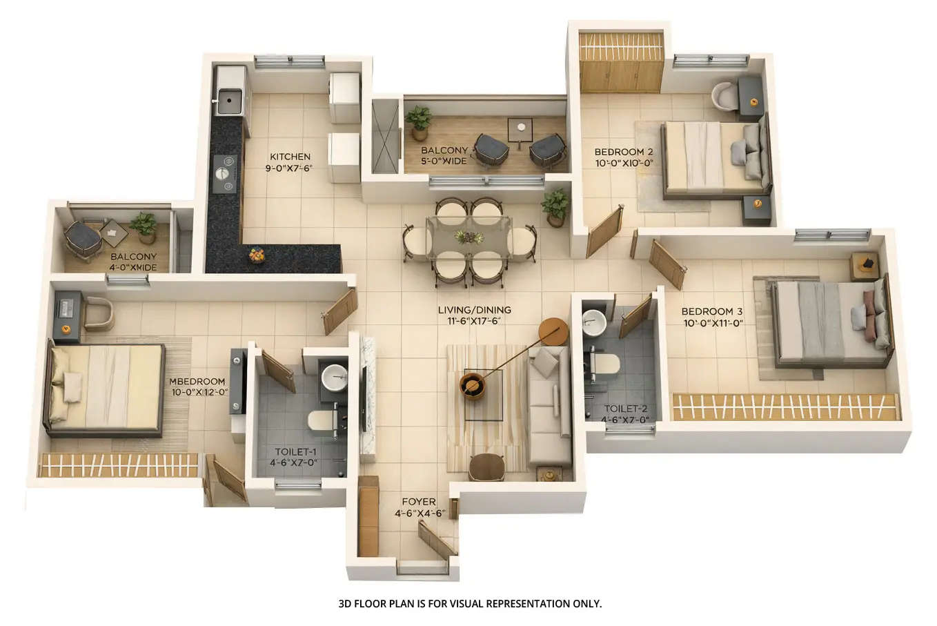 Floor plan for 3 BHK