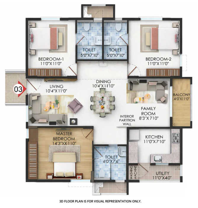 Gardens By The Brook Shamshabad - Floor plan 3 BHK 1625 Sq.ft