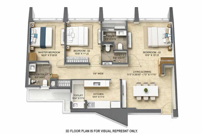 Lodha The Park Worli - Floor plan 3 BHK 1136 Sq.ft