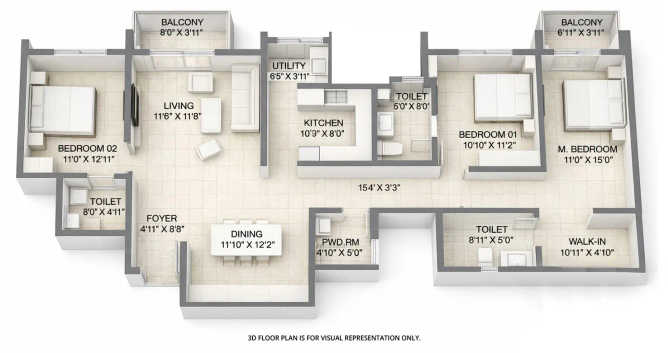 Birla Ojasvi Rajarajeshwari Nagar - Floor plan 3 BHK 1252 Sq.ft