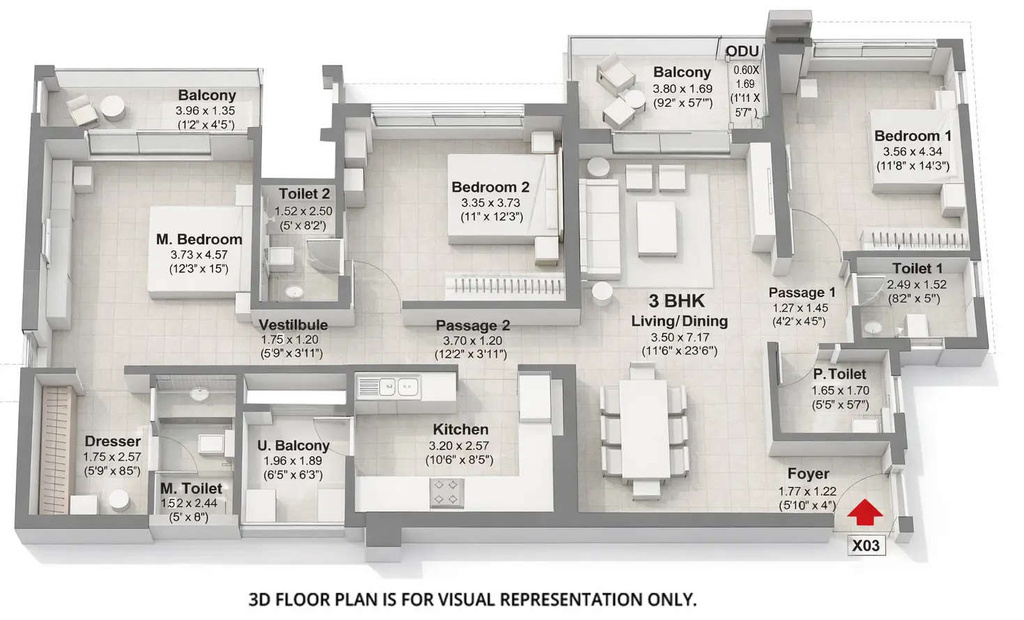 Floor plan for 3 BHK