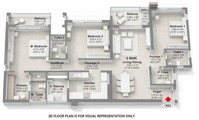 Godrej Elaris Magarpatta - Floor plan 3 BHK 1440 Sq.ft
