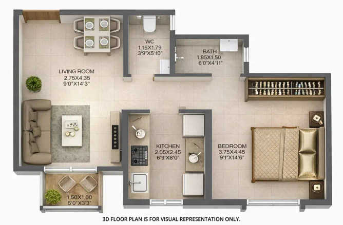 Dosti Greater Thane Bhiwandi - Floor plan 1 BHK 385 Sq.ft
